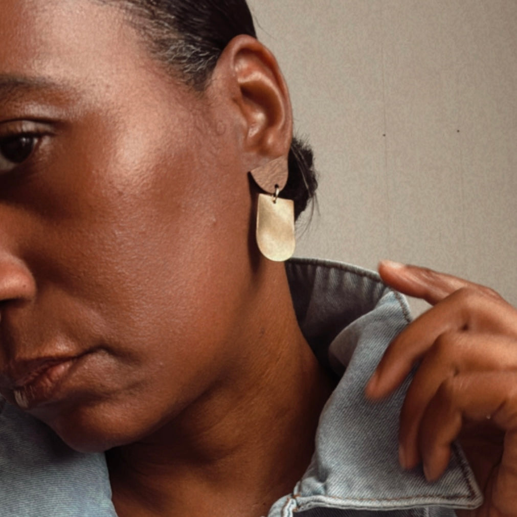 new! "half moon and waves" wood and brass earrings