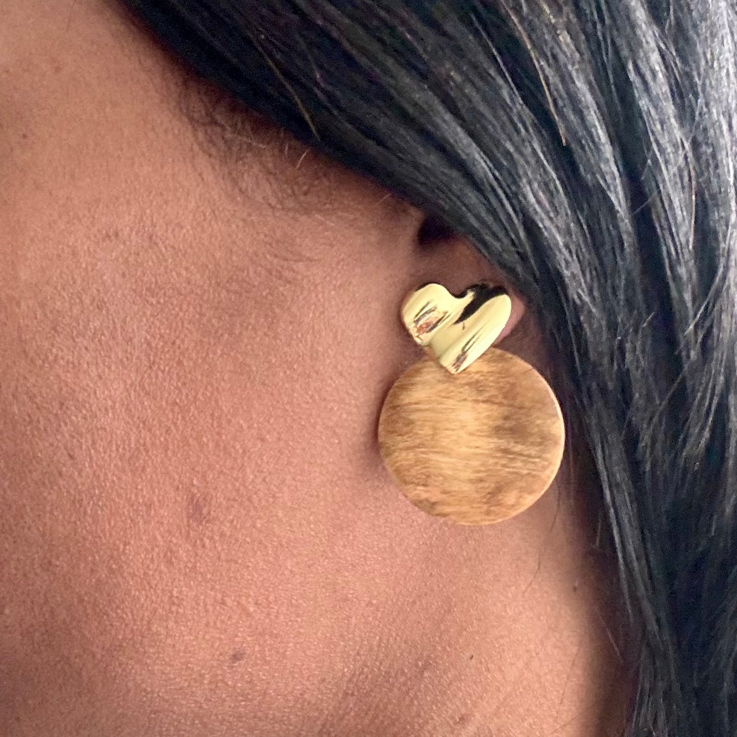 "golden love" wood and heart earrings