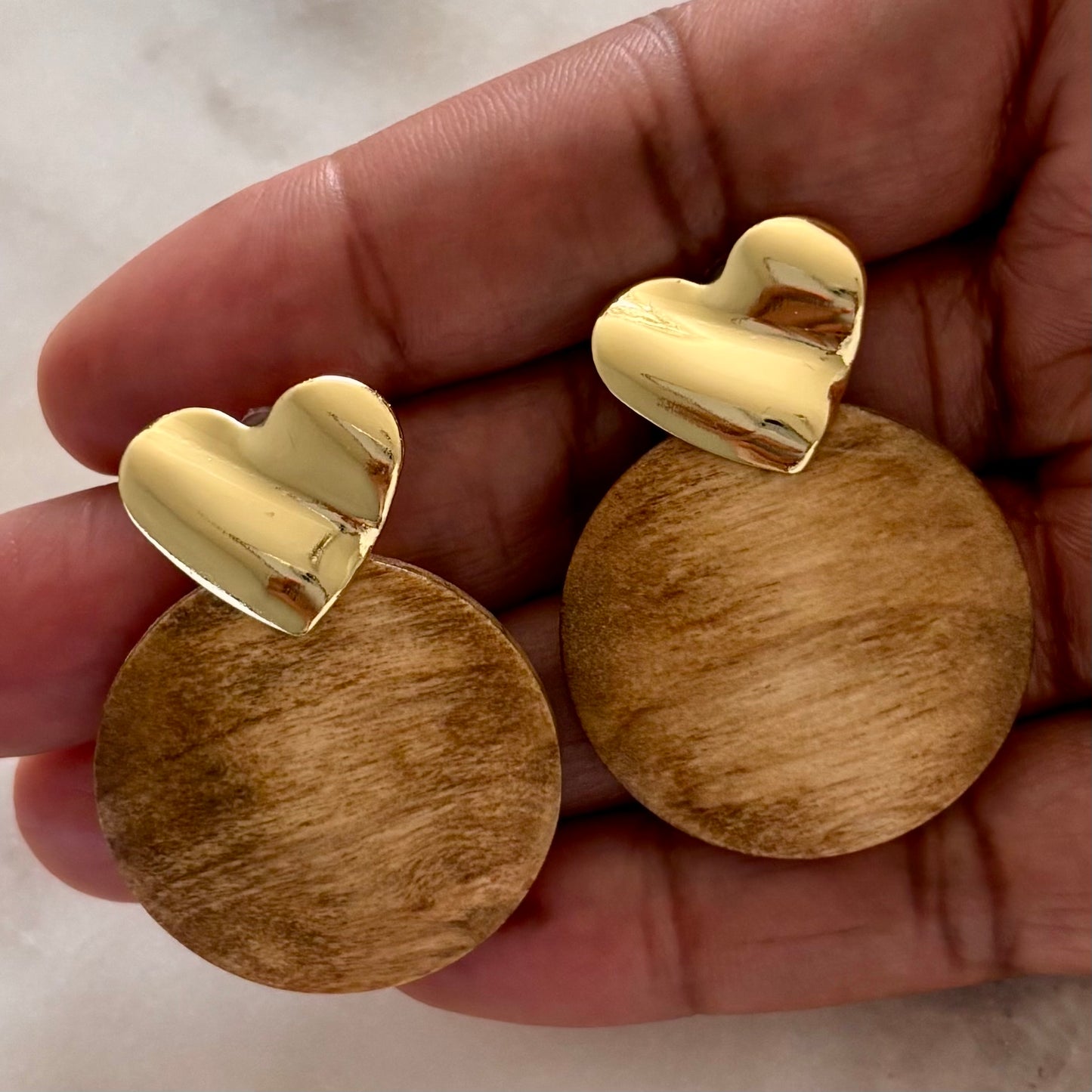"golden love" wood and heart earrings