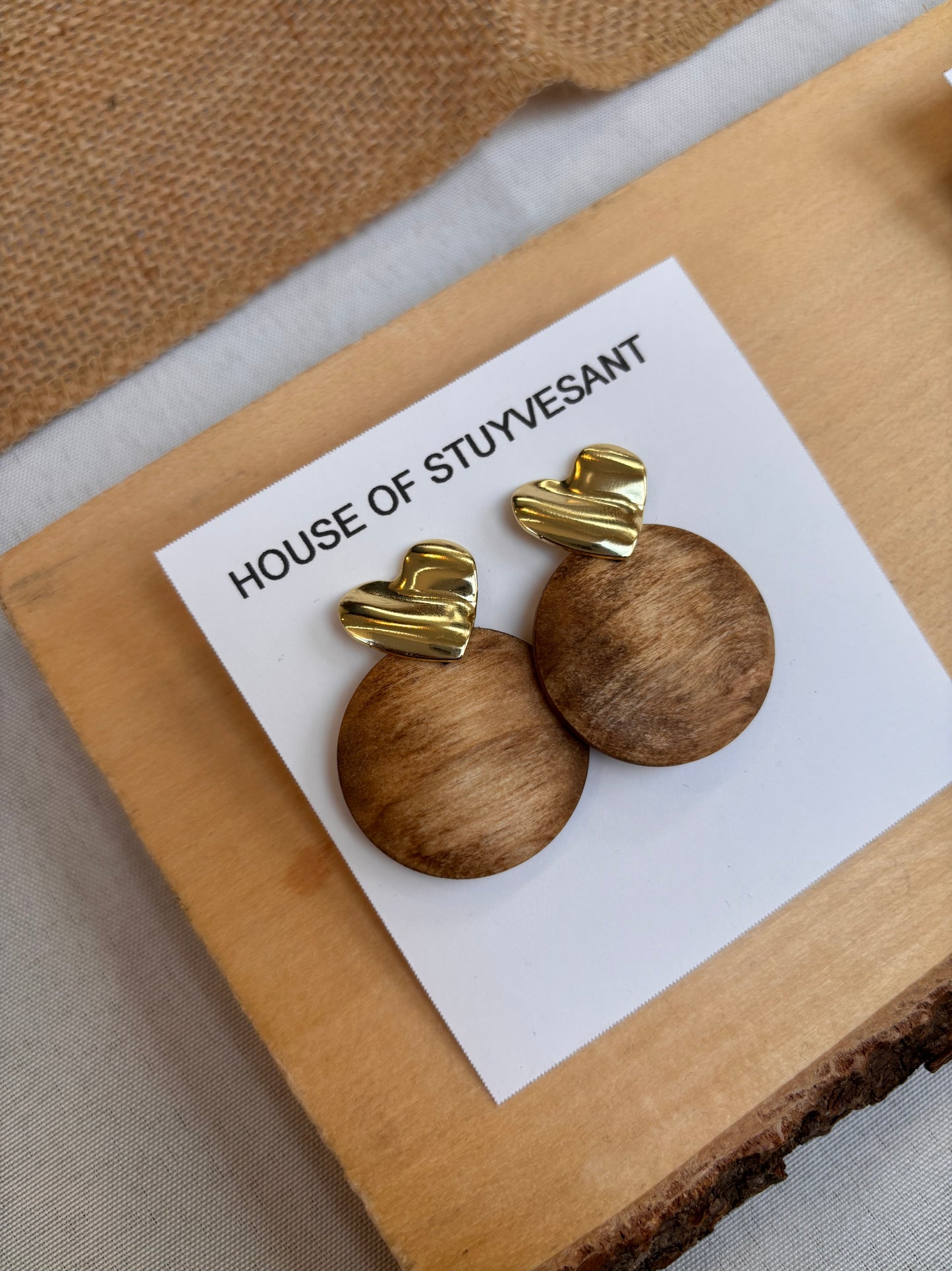 "golden love" wood and heart earrings