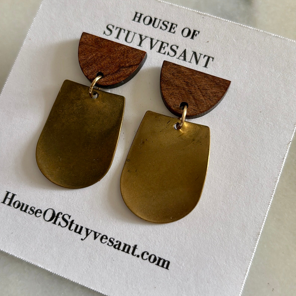 new! "half moon and waves" wood and brass earrings