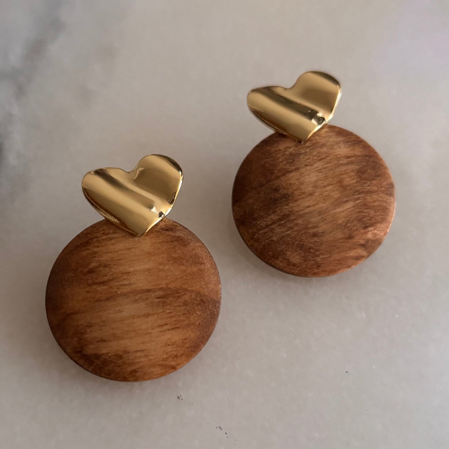 "golden love" wood and heart earrings
