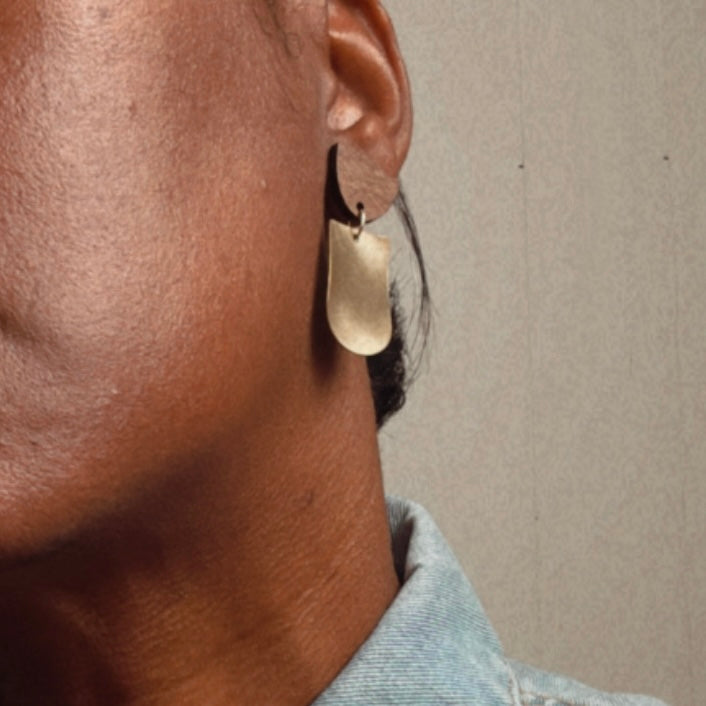 new! "half moon and waves" wood and brass earrings