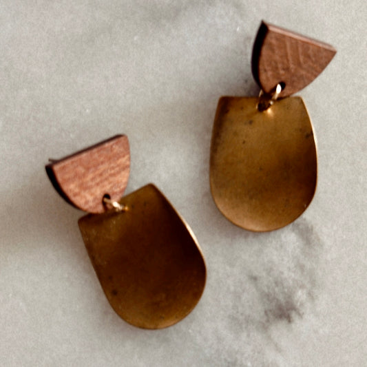 new! "half moon and waves" wood and brass earrings